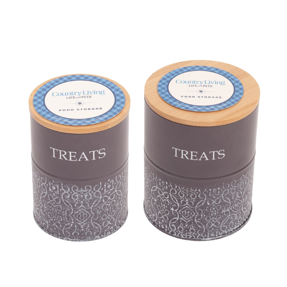 Volcanic Gray Country Living dog treat canisters, a set of 2 carbon steel jars with bamboo lids