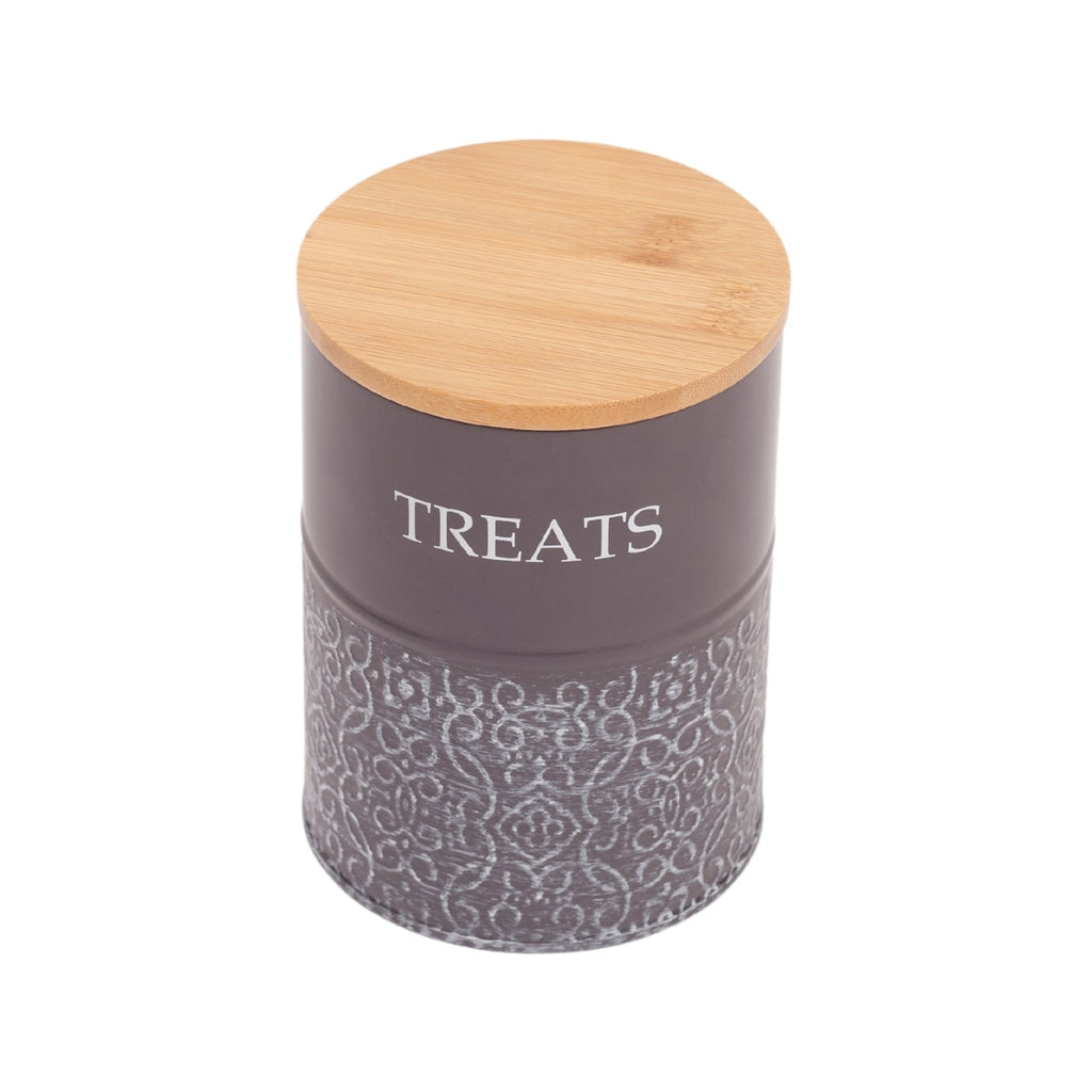 Natural bamboo lids top both Volcanic Gray Country Living dog treat canisters in this pair
