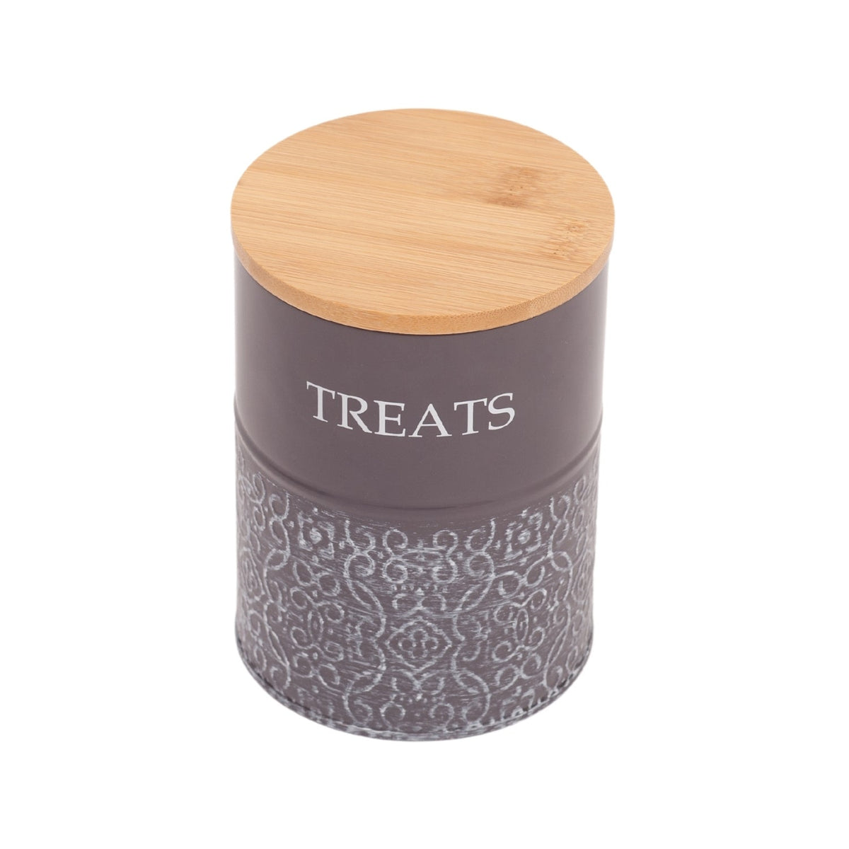 Natural bamboo lids top both Volcanic Gray Country Living dog treat canisters in this pair