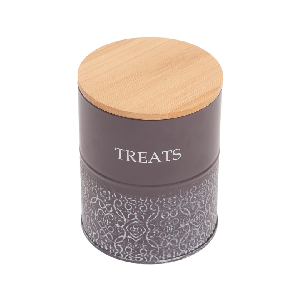Volcanic Gray dog treat canisters from Country Living with filigree details and white TREATS lettering