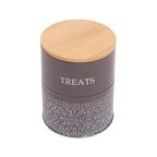 Volcanic Gray dog treat canisters from Country Living with filigree details and white TREATS lettering