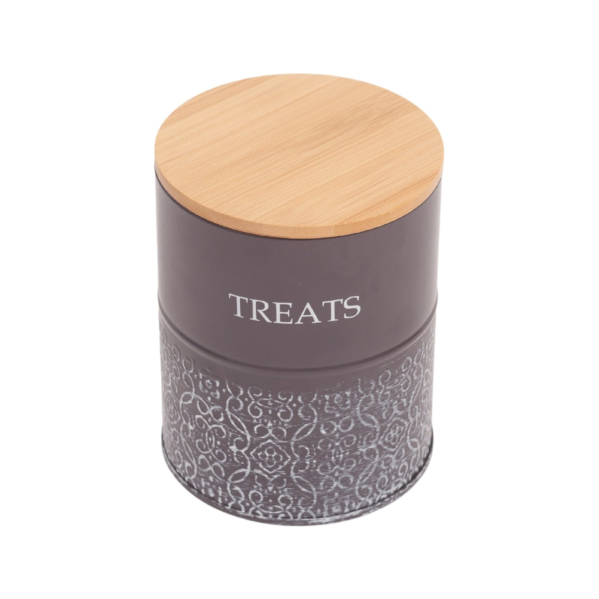 Volcanic Gray dog treat canisters from Country Living with filigree details and white TREATS lettering