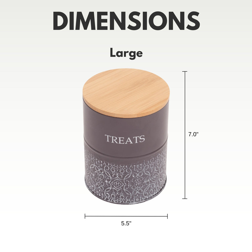 Set of 2 Country Living dog treat canisters in Volcanic Gray carbon steel, hand wash recommended