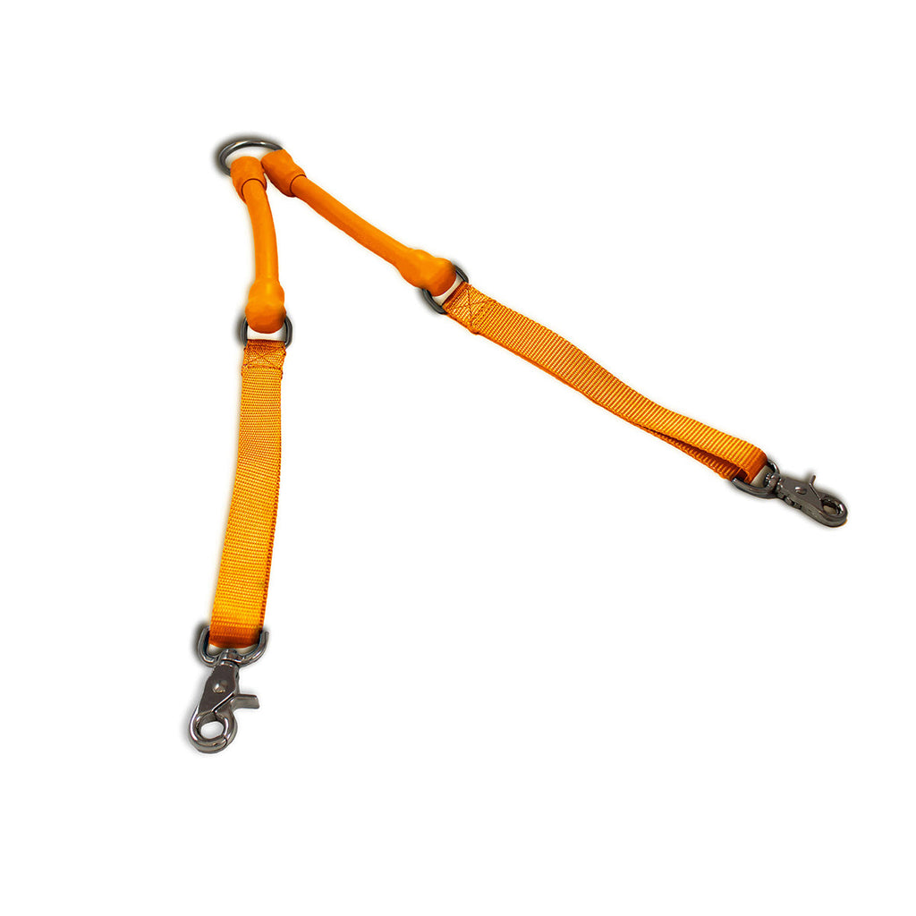 Orange WACKYstore CRAZYcoupl'r double dog coupler with natural rubber arms and swivel clips