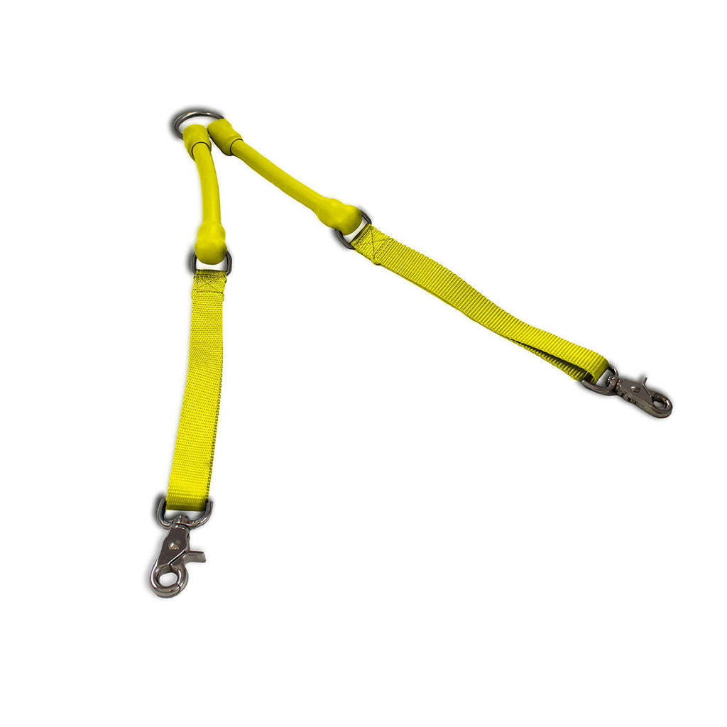Yellow CRAZYcoupl'r two-dog coupler with independent rubber arms that flex and move freely
