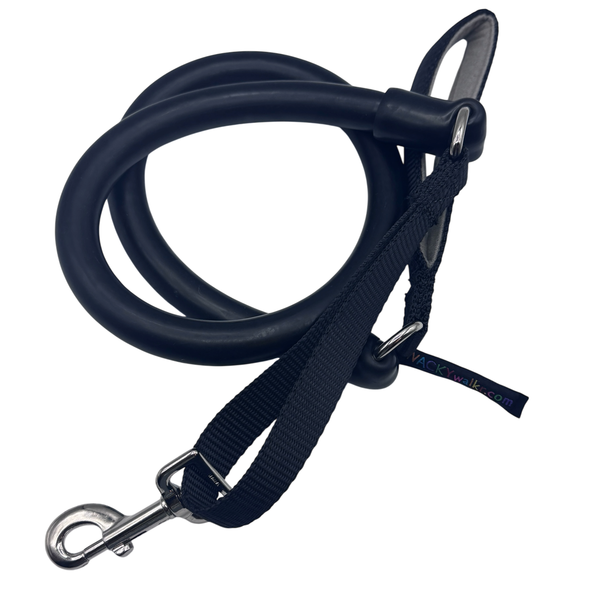 Black WUNDERleash stretch leash by WACKYstore with a traffic handle near the clip