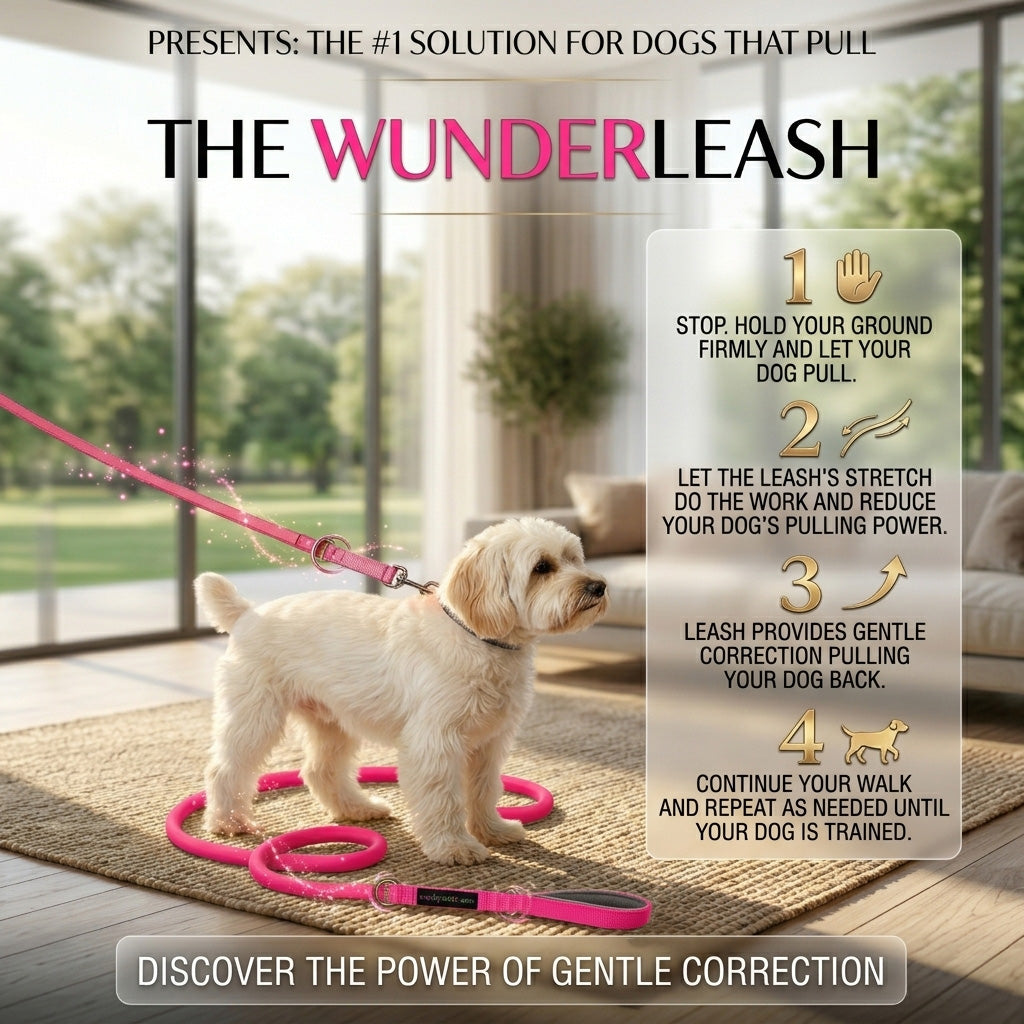 WUNDERleash promo with how-to-use instructions, shown with a pink WACKYstore leash