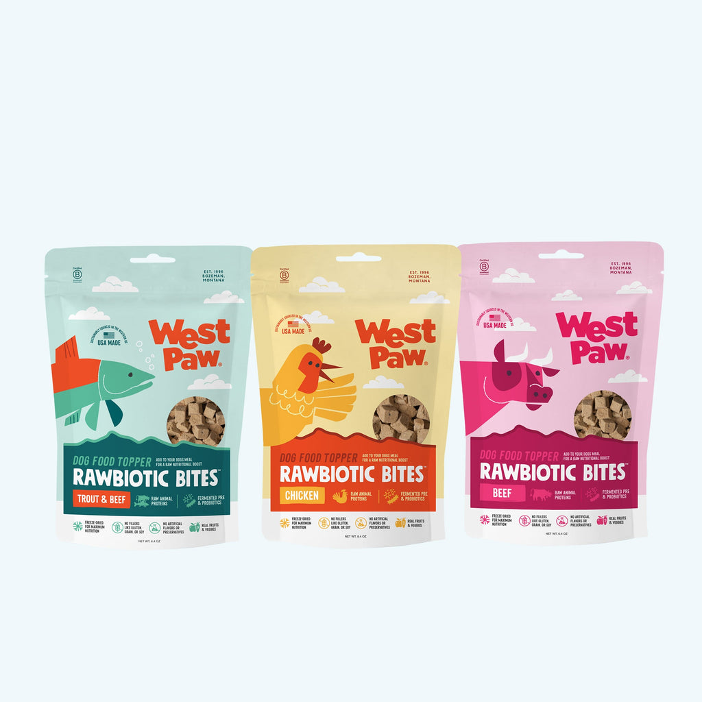West Paw Rawbiotic Bites for supplemental feeding alongside a complete and balanced dog food