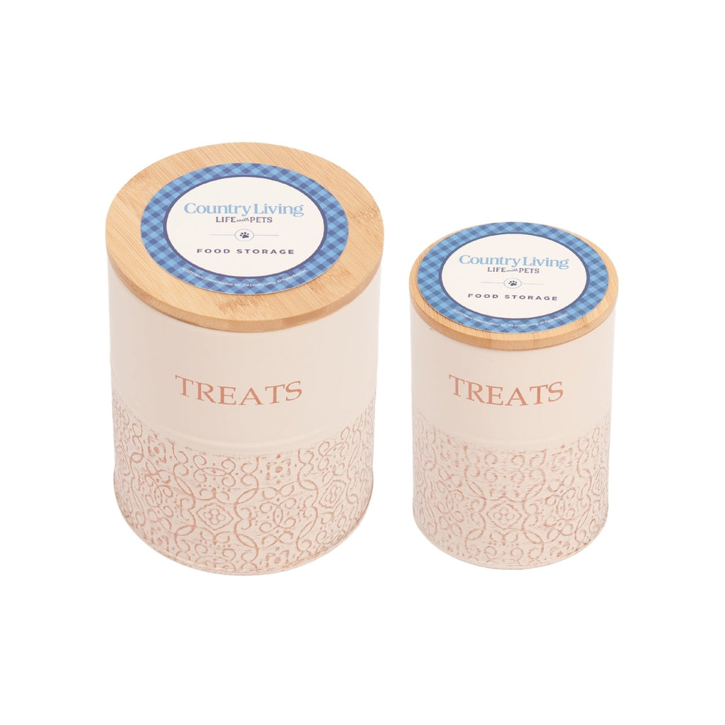 White Swan Country Living dog treat canisters, a set of 2 carbon steel jars with bamboo lids
