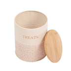 Natural bamboo lids top both White Swan Country Living dog treat canisters in this pair