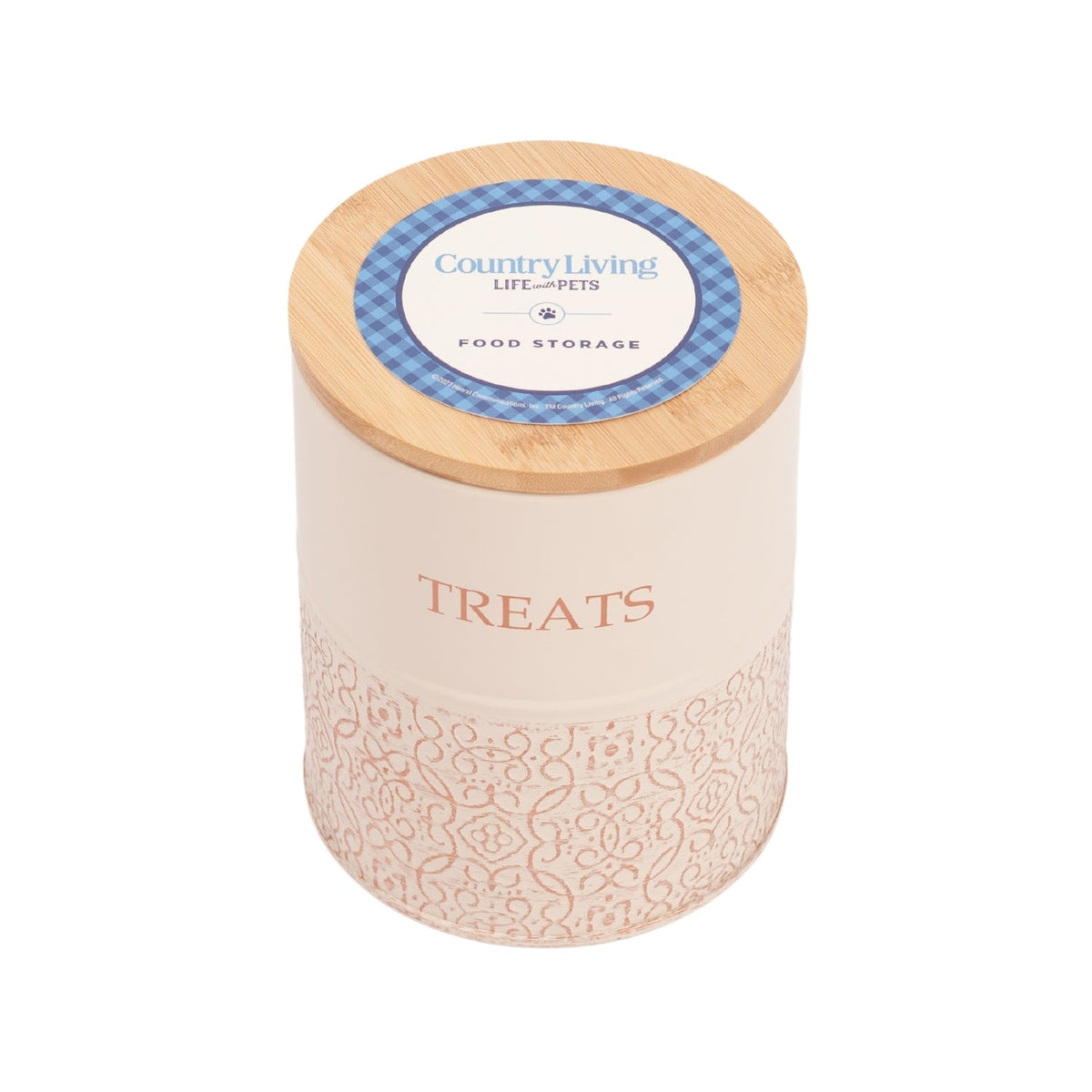 White Swan dog treat canisters from Country Living with a gold inlay design and filigree details