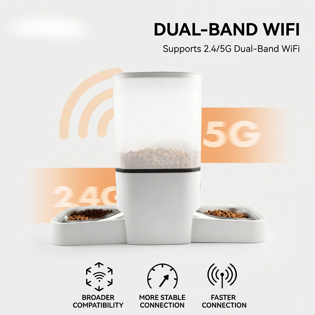 WiFi pet feeder with a low-food sensor that sends an alert before the bowl runs empty
