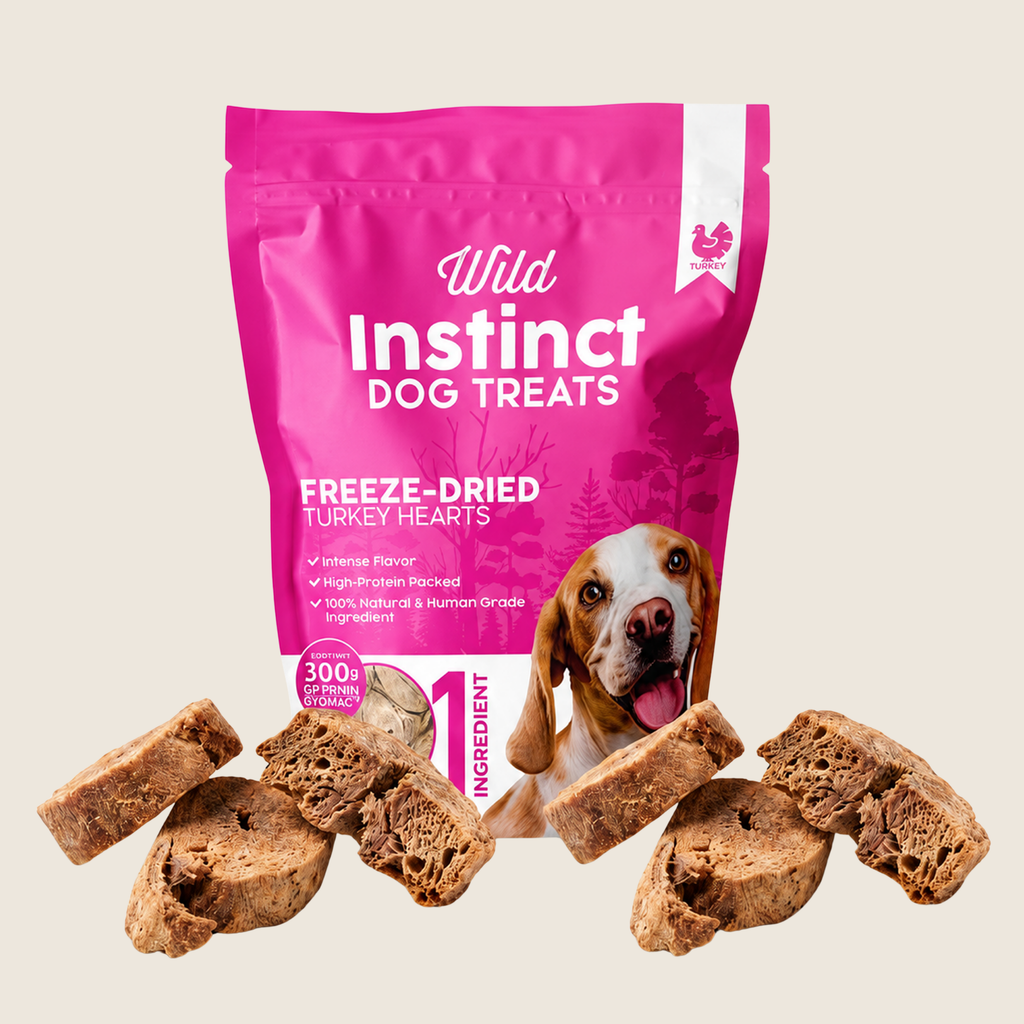 Wild Instinct Pet freeze-dried turkey heart treats for dogs, a single-ingredient 2.1 oz bag