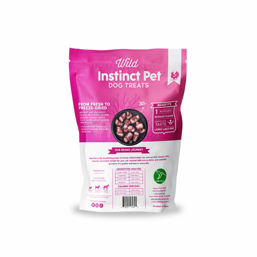 Back view of Wild Instinct Pet freeze-dried turkey heart dog treats, 35% minimum crude protein