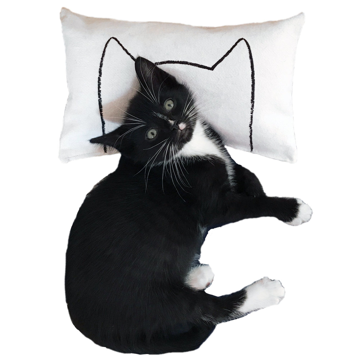 White Xenotees cat kicker bed pillow, hand-sewn from cotton canvas, about 9 x 6 in