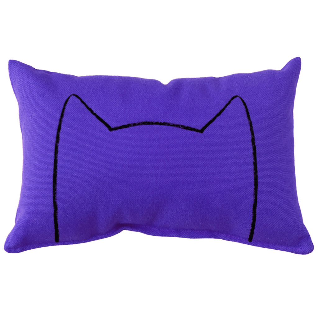 Purple Xenotees mini cat pillow, a screen-printed catnip kicker toy