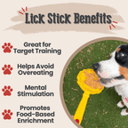 Benefits graphic for the Yellow Beehive lick stick, an interactive enrichment tool for dogs